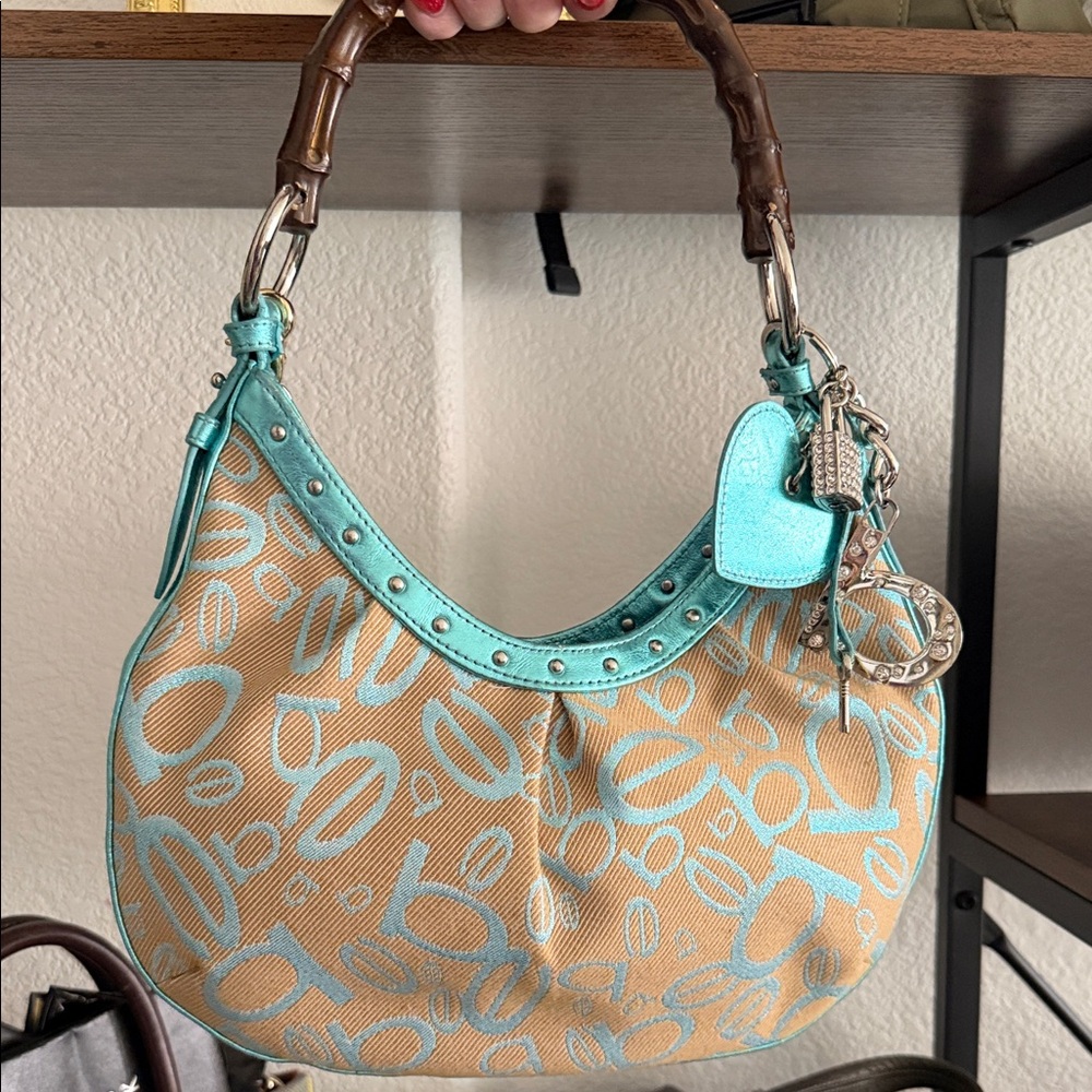 Y2K Designer 🩵BEBE VINTAGE Tan and Teal 🩵Women's Crescent Bag✨